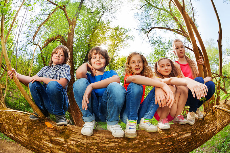 Kinder sitzen auf einem Baumstamm
