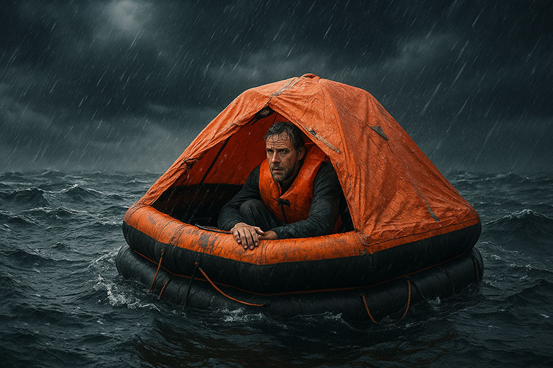 Rettungsinsel im Regen mit Mann sitzend1