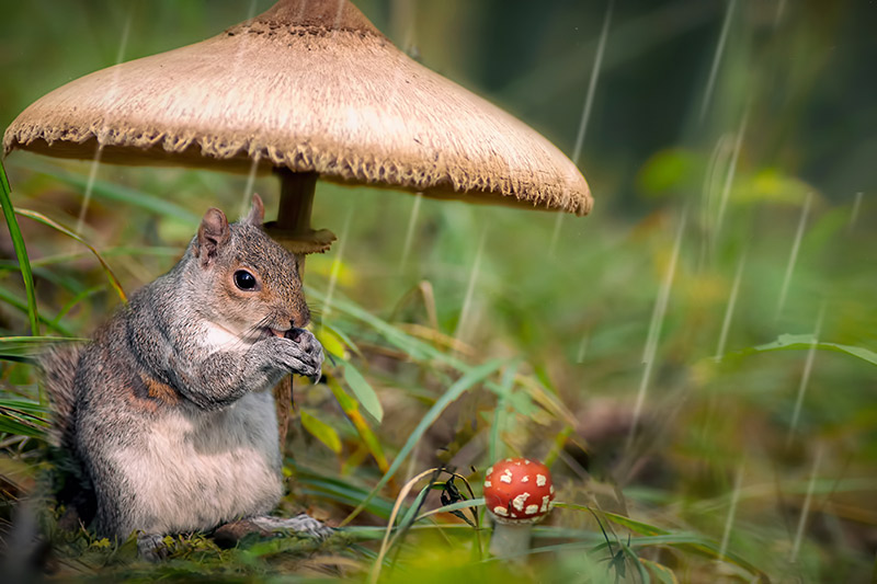 Eichhörnchen-versteckt-sich-unter-einem-Pilz-im-Wald