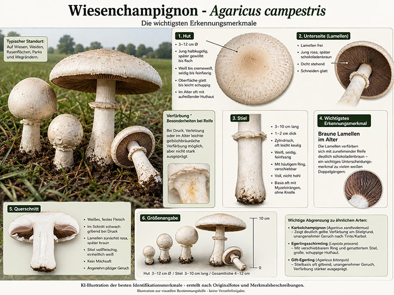Braunschuppiger Wiesenchampignon Pilz Beschreibung KI-Illustration