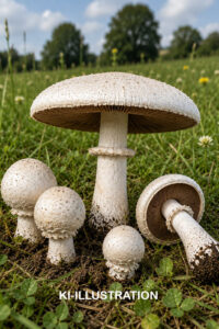 Braunschuppiger Wiesenchampignon weißer Pilz als KI-Illustration